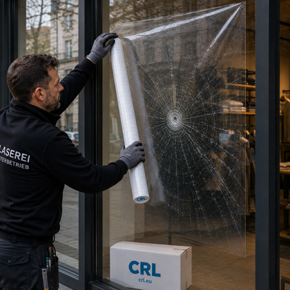 CRL Emergency Glass Repair film applied over broken glass to hold the glass in place